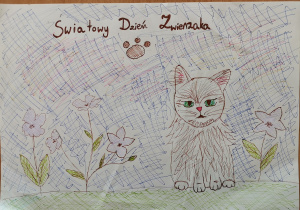 Autor: Alicja Piąstka z kl. 6 c Autorka na swojej pracy przedstawiła kota siedzącego na łące pełnej kwiatowej. Napis głosi „Światowy Dzień Zwierzaka”.